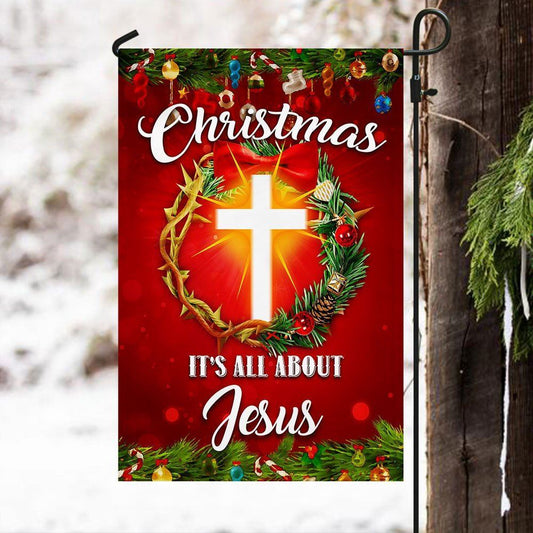 Christmas It's All About Jesus Flag Crown Of Thorns Christmas Wreath Flag, Christian Christmas House Flag, Christmas Outdoor Decor Ideas