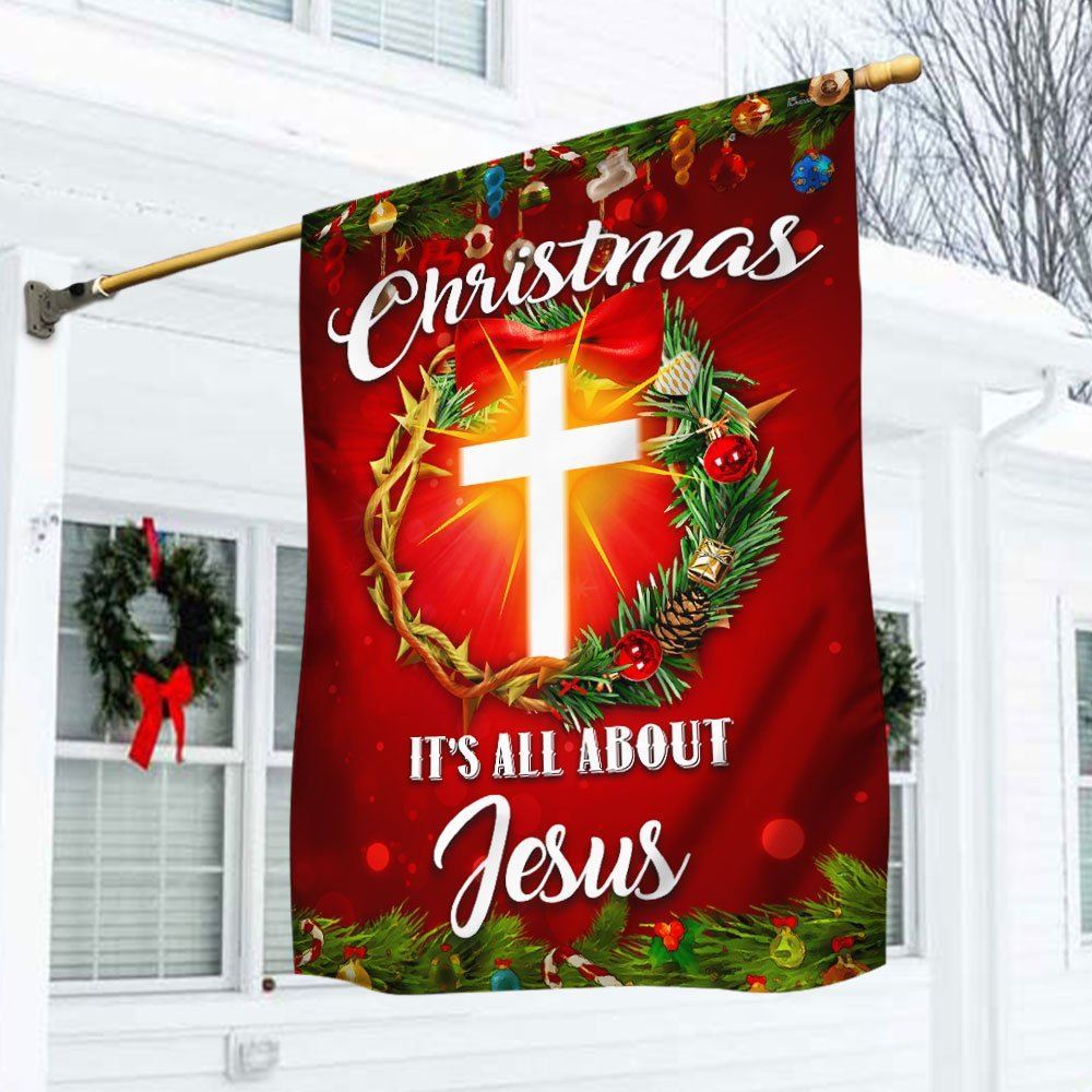Christmas It's All About Jesus Flag Crown Of Thorns Christmas Wreath Flag, Christian Christmas House Flag, Christmas Outdoor Decor Ideas