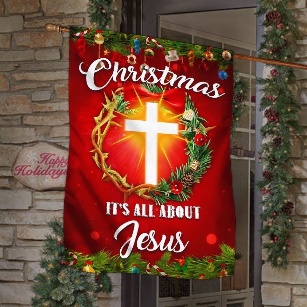 Christmas It's All About Jesus Flag Crown Of Thorns Christmas Wreath Flag, Christian Christmas House Flag, Christmas Outdoor Decor Ideas