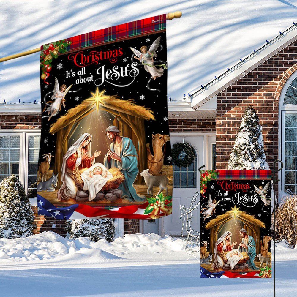 Christmas It's All About Jesus Flag,  Nativity Of Jesus Holy Family Flag, Christian Christmas House Flag, Christmas Outdoor Decor Ideas