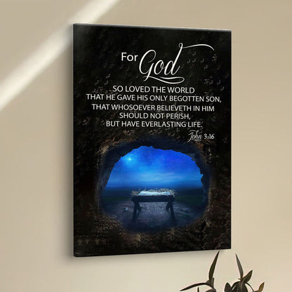 Christmas John 316 For God So Loved The World Empty Manger Canvas Prints - Bible Verse Wall Decor - Scripture Wall Art