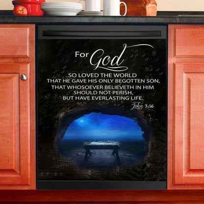 Christmas John 316 For God So Loved The World Empty Manger Dishwasher Cover, Bible Verse Dishwasher Magnet Cover, Scripture Kitchen Decor