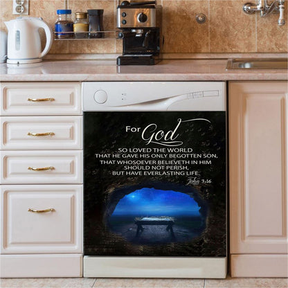 Christmas John 316 For God So Loved The World Empty Manger Dishwasher Cover, Bible Verse Dishwasher Magnet Cover, Scripture Kitchen Decor