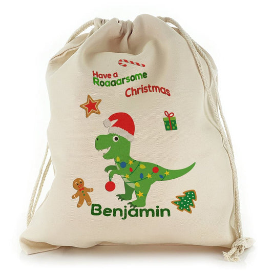 Christmas Lights on Green Dinosaur Christmas Sack, Gift For Chidren, Christmas Bag Gift, Christmas Gift 2023