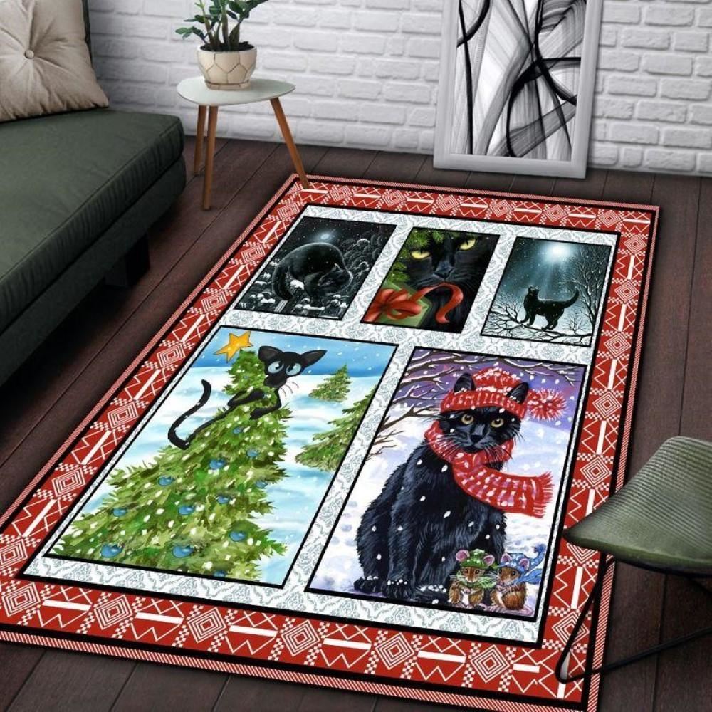 Christmas Rug, Black Cat Merry Christmas Rectangle Limited Edition RugChristmas Floor Mat, Livinng Room Decor Rug, Christmas Home Decor