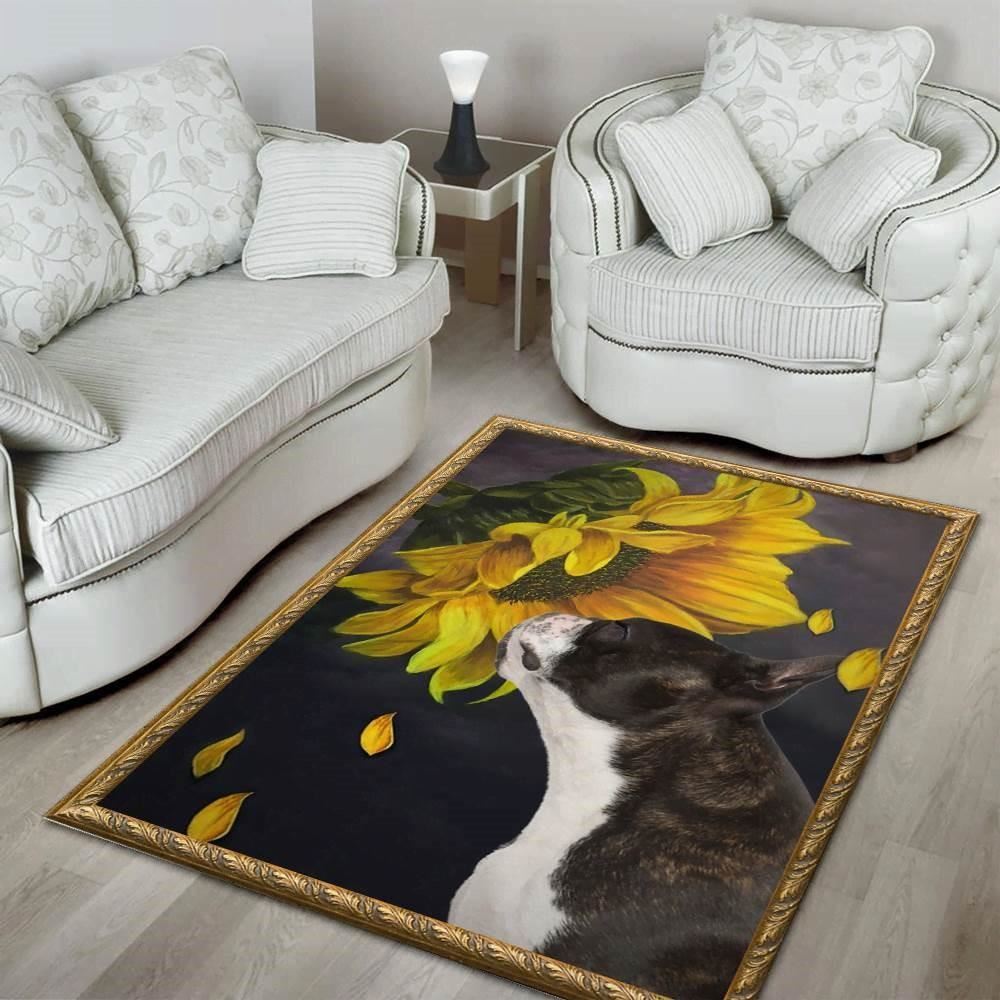 Christmas Rug, Boston Terrier And Sunflower Christmas Gift Area Limited Edition RugChristmas Floor Mat, Livinng Room Decor Rug, Christmas Home Decor