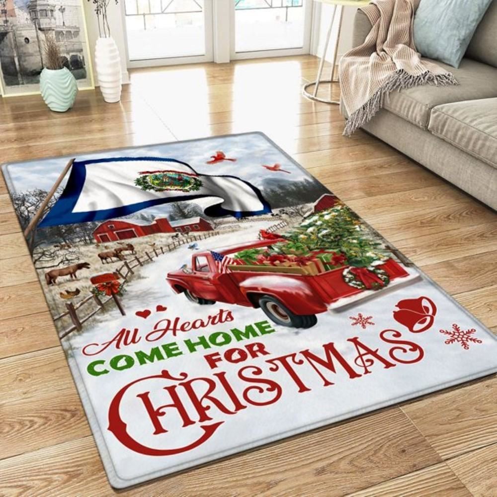 Christmas Rug, Red Truck West Virginia Rug All Hearts Come Home For ChristmasChristmas Floor Mat, Livinng Room Decor Rug, Christmas Home Decor