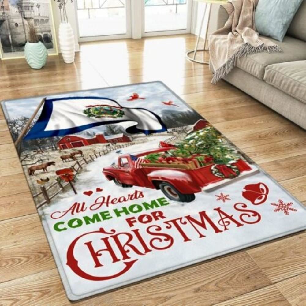Christmas Rug, Red Truck West Virginia Rug All Hearts Come Home For ChristmasChristmas Floor Mat, Livinng Room Decor Rug, Christmas Home Decor
