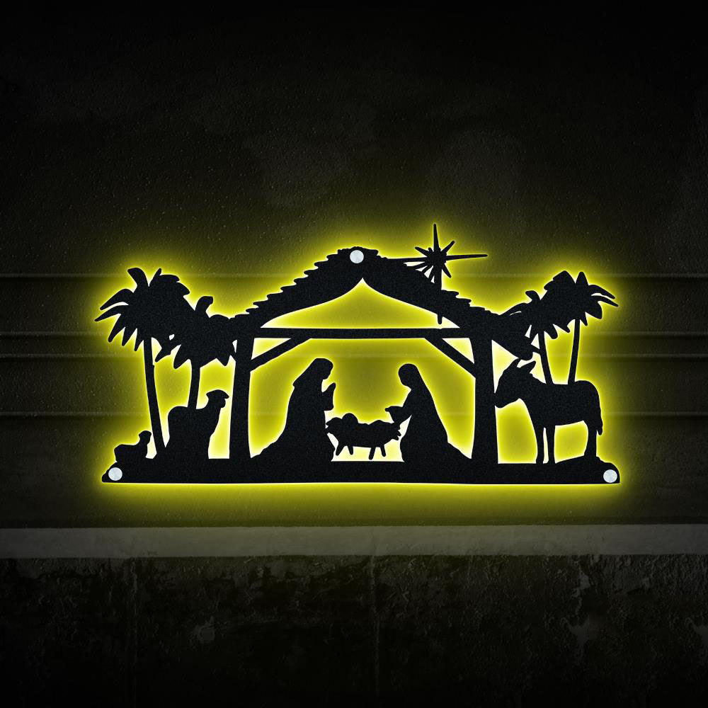 Christmas Scene Catholic RGB Led Lights Metal Wall Art, Christmas Gift, Christmas Home Decor Sign, Christmas Outdoor Metal Sign