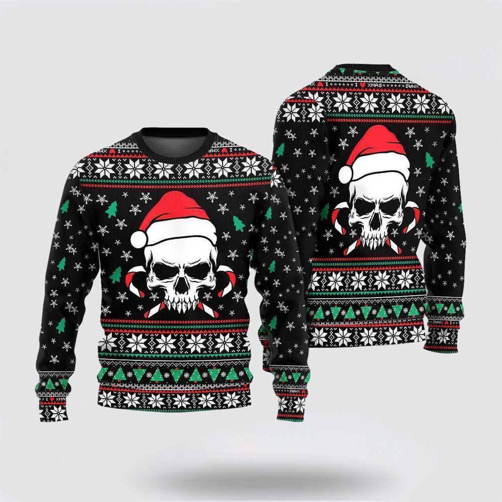 Christmas Skull Wearing Santa Claus Ugly Christmas Sweater, Best Gift For Holiday, Christmas Crewneck Sweater, Christmas Winter Fashion
