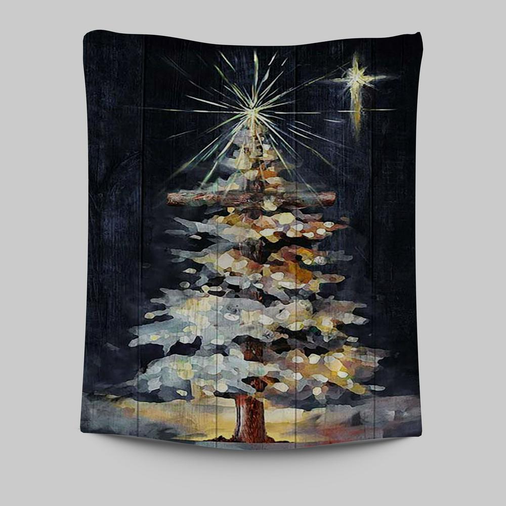 Christmas Tree Holy Night Tapestry Wall Art - Christian Tapestries Prints - Bible Verse Tapestry Art