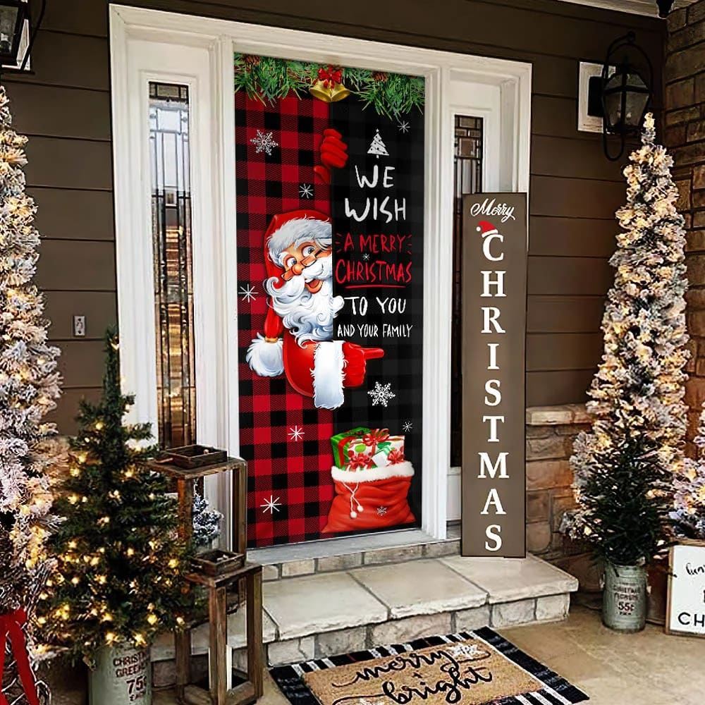 Christmas We Wish You A Merry Christmas To You And Your Family Door Cover, Christmas Door Knob Covers, Christmas Outdoor Decoration