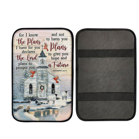 Church Cardinal Sheep Winter - For I Know The Plans I Have For You Car Center Console Cover, Christian Car Accessories