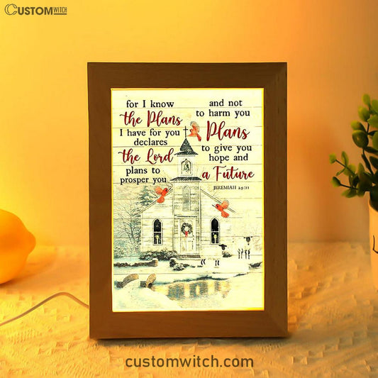 Church Cardinal Sheep Winter - For I Know The Plans I Have For You Frame Lamp Art - Christian Night Light - Bible Verse Wooden Lamp