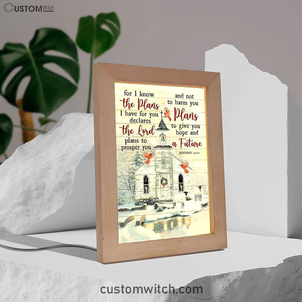 Church Cardinal Sheep Winter - For I Know The Plans I Have For You Frame Lamp Art - Christian Night Light - Bible Verse Wooden Lamp