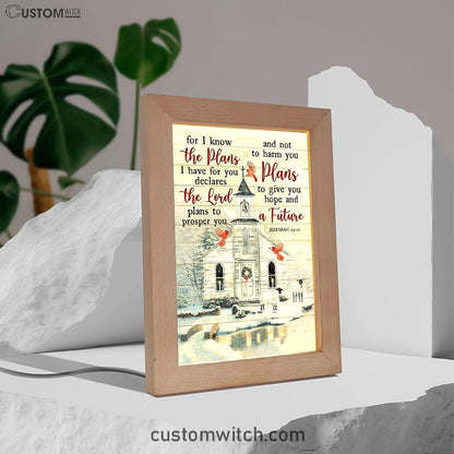 Church Cardinal Sheep Winter - For I Know The Plans I Have For You Frame Lamp Art - Christian Night Light - Bible Verse Wooden Lamp
