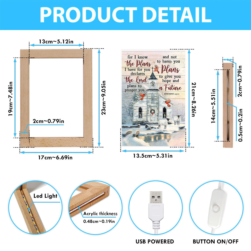 Church Cardinal Sheep Winter - For I Know The Plans I Have For You Frame Lamp Art - Christian Night Light - Bible Verse Wooden Lamp
