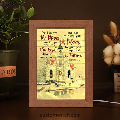 Church Cardinal Sheep Winter - For I Know The Plans I Have For You Frame Lamp Art - Christian Night Light - Bible Verse Wooden Lamp