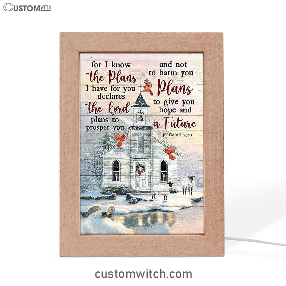 Church Cardinal Sheep Winter - For I Know The Plans I Have For You Frame Lamp Art - Christian Night Light - Bible Verse Wooden Lamp
