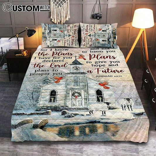 Church Cardinal Sheep Winter - For I Know The Plans I Have For You Quilt Bedding Set Bedroom - Christian Quilt Bedding Set Prints - Bible Verse Quilt Bedding Set Art
