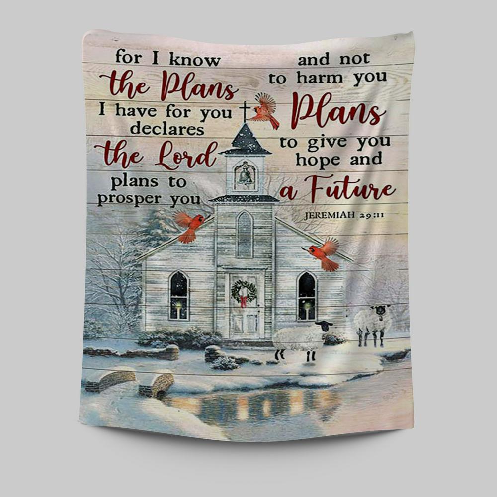 Church Cardinal Sheep Winter - For I Know The Plans I Have For You Tapestry Wall Art - Christian Tapestries Prints - Bible Verse Tapestry Art
