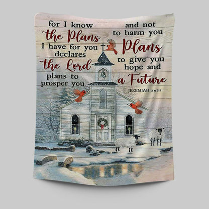 Church Cardinal Sheep Winter - For I Know The Plans I Have For You Tapestry Wall Art - Christian Tapestries Prints - Bible Verse Tapestry Art
