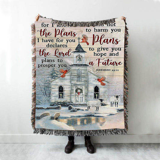 Church Cardinal Sheep Winter - For I Know The Plans I Have For You Woven Throw Blanket - Christian Woven Blanket Prints - Bible Verse Woven Blanket Art