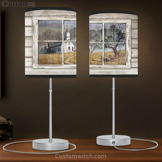 Church Country Church Through Rustic Window Yellow Meadow Table Lamb Gift - Bible Verse Table Lamb - Religious Bedroom Decor