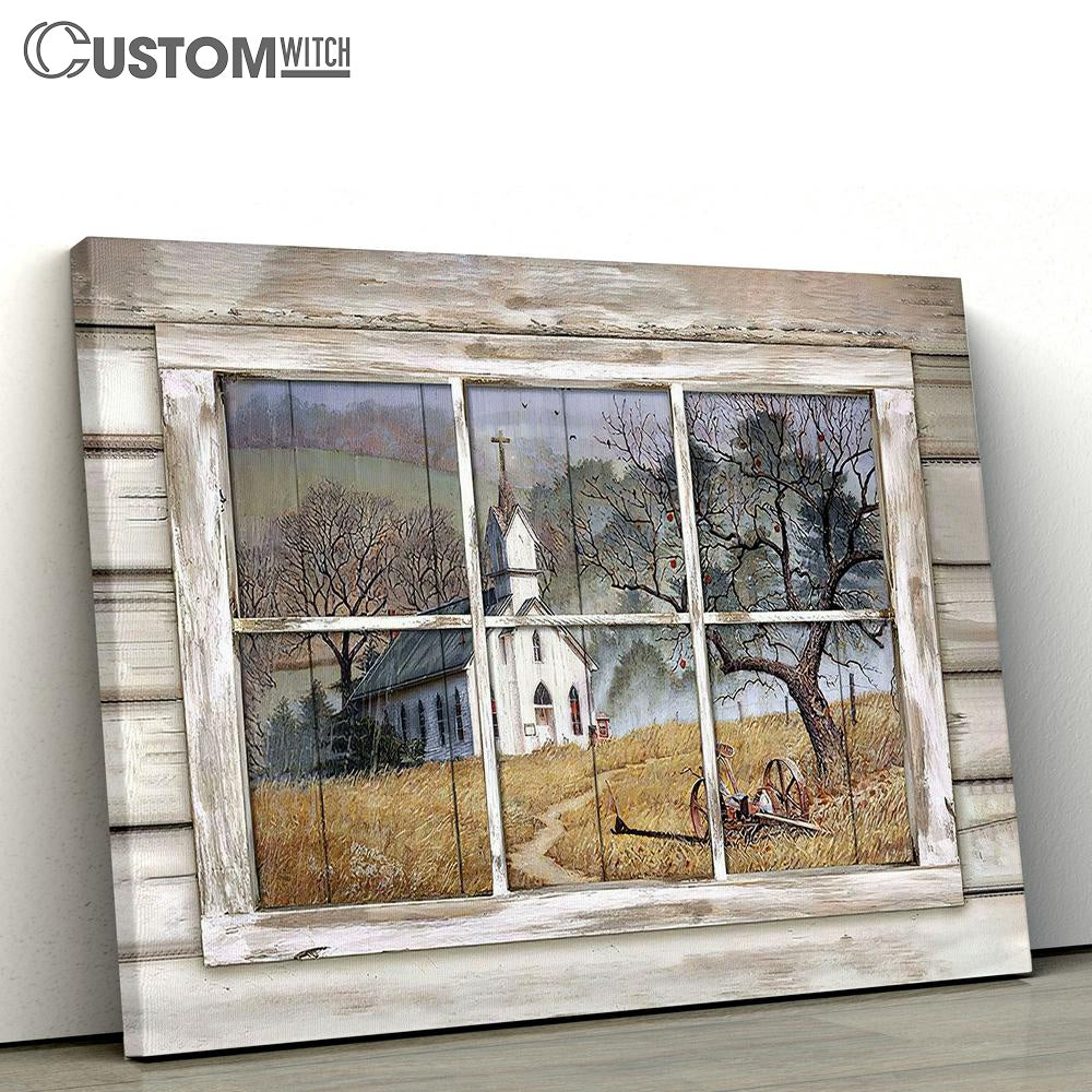 Church Country Church Through Rustic Window Yellow Meadow Canvas Wall Art - Bible Verse Canvas - Religious Prints