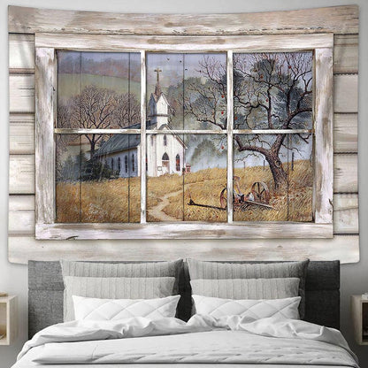 Church Country Church Through Rustic Window Yellow Meadow Tapestry Wall Art - Bible Verse Tapestry - Religious Tapestry Wall Hanging
