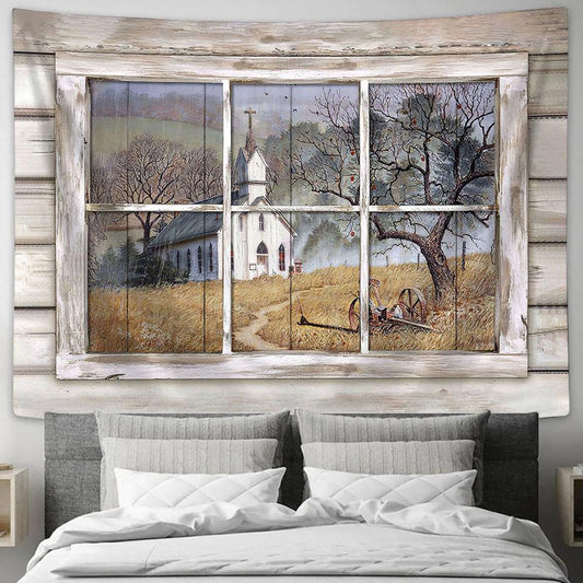 Church Country Church Through Rustic Window Yellow Meadow Tapestry Wall Art - Bible Verse Tapestry - Religious Tapestry Wall Hanging