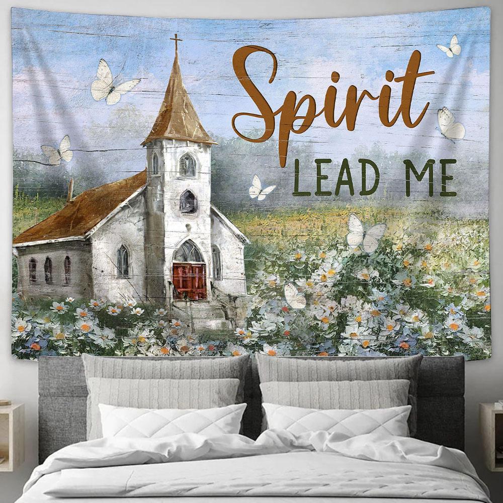 Church Flower Field Butterfly Spirit Lead Me Tapestry Wall Art - Bible Verse Tapestry - Religious Tapestry Wall Hanging