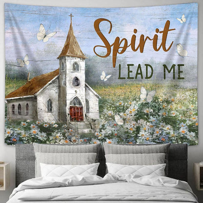 Church Flower Field Butterfly Spirit Lead Me Tapestry Wall Art - Bible Verse Tapestry - Religious Tapestry Wall Hanging