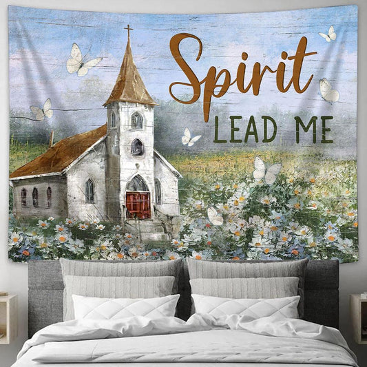 Church Flower Field Butterfly Spirit Lead Me Tapestry Wall Art - Bible Verse Tapestry - Religious Tapestry Wall Hanging