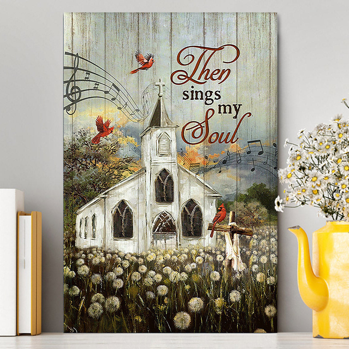 Church Lovely Red Cardinals Stunning Flower Field Canvas-Then Sings My Soul Canvas Wall Art - Christian Canvas Prints