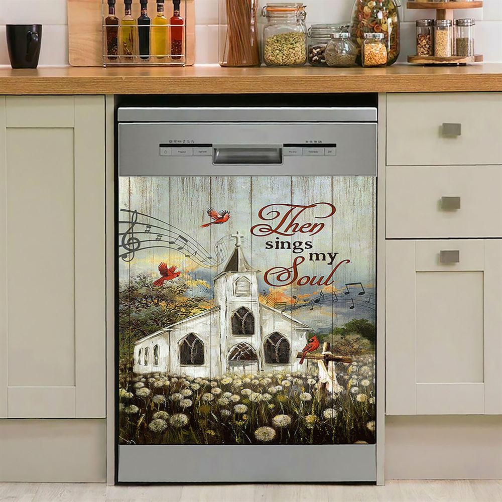 Church Lovely Red Cardinals Stunning Flower Field Dishwasher Cover,Then Sings My Soul Dishwasher Magnet Cover, Christian Kitchen Decor