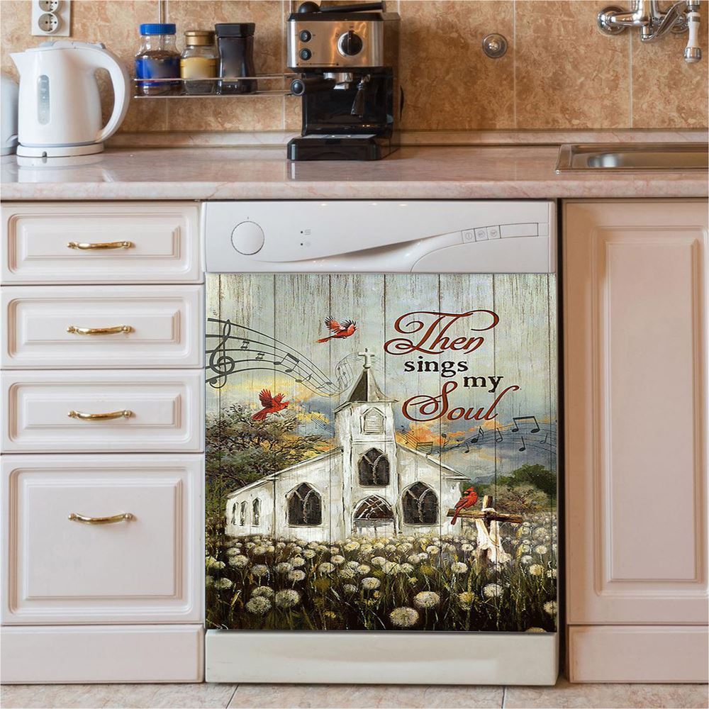 Church Lovely Red Cardinals Stunning Flower Field Dishwasher Cover,Then Sings My Soul Dishwasher Magnet Cover, Christian Kitchen Decor