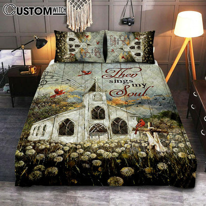 Church Lovely Red Cardinals Stunning Flower Field Quilt Bedding Set-Then Sings My Soul Quilt Bedding Set Bedroom - Christian Quilt Bedding Set Prints