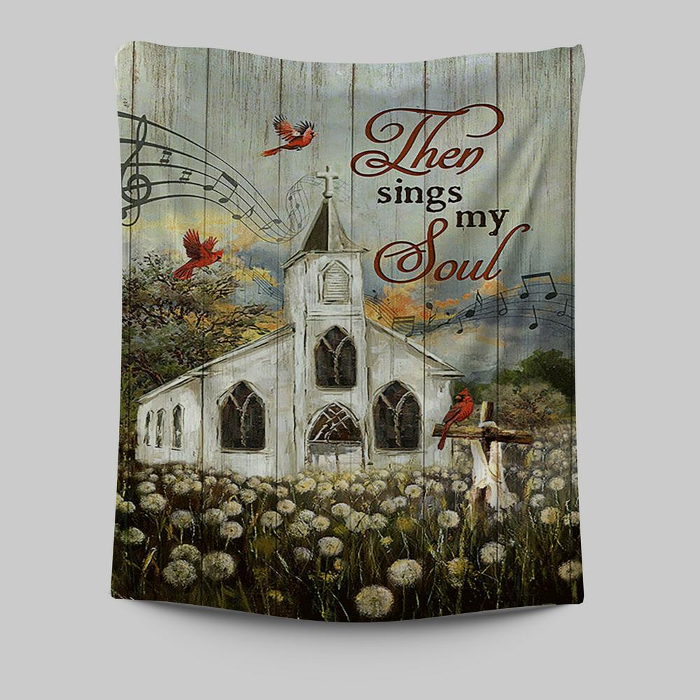 Church Lovely Red Cardinals Stunning Flower Field Tapestry-Then Sings My Soul Tapestry Wall Art - Christian Tapestries Prints