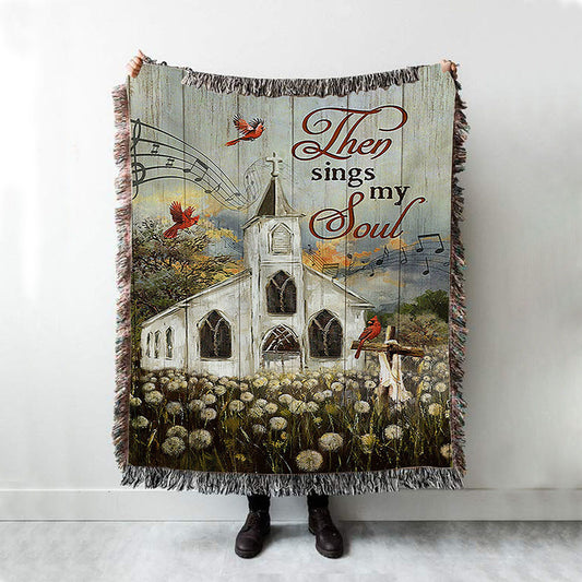 Church Lovely Red Cardinals Stunning Flower Field Woven Blanket-Then Sings My Soul Woven Throw Blanket - Christian Woven Blanket Prints