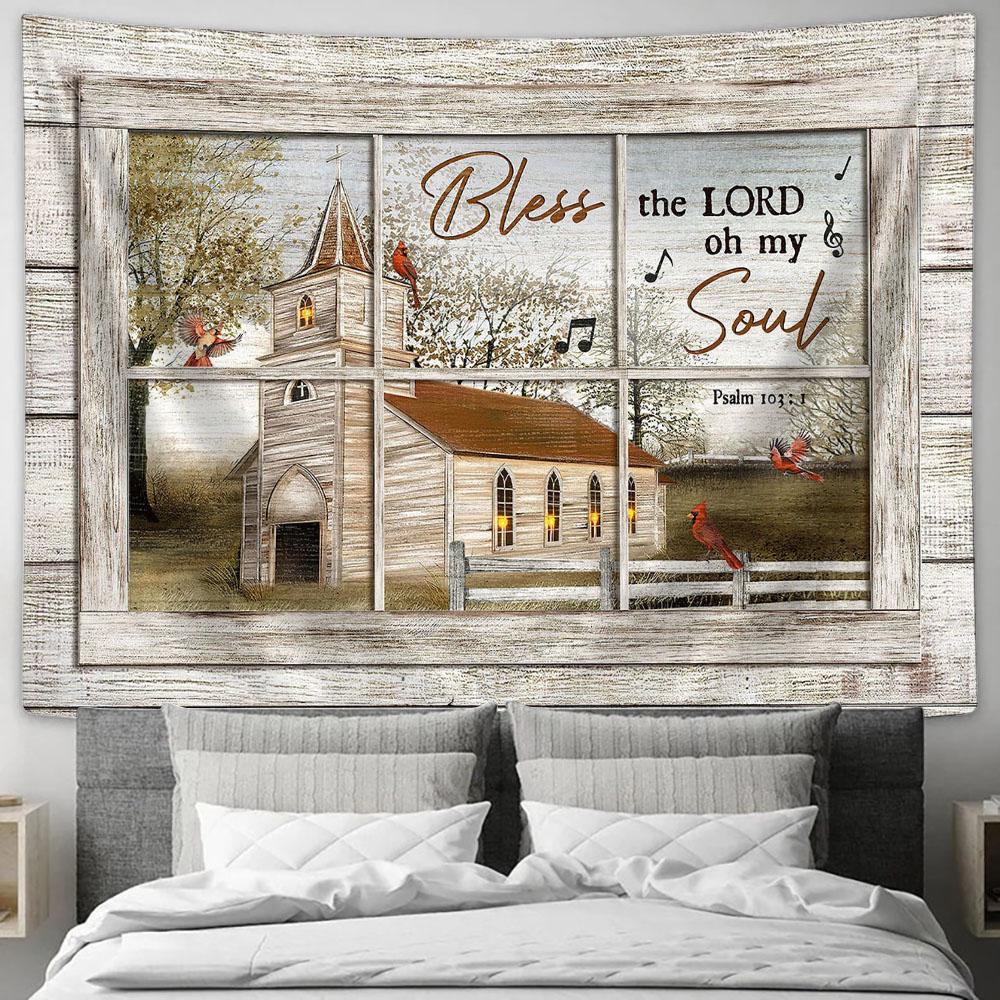 Church Red Cardinals Bless The Lord Tapestry Wall Art - Bible Verse Tapestry - Religious Tapestry Wall Hanging