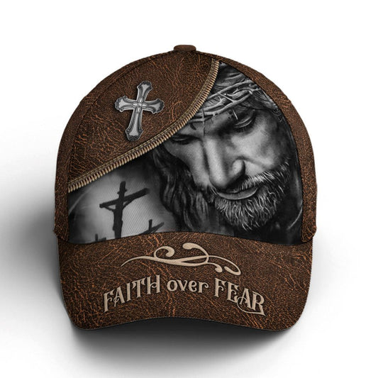 Classic Leather Style Faith Over Fear All Over Print Baseball Cap, God Cap, Gift Ideas For Male