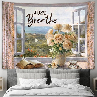 Climbing Rose Vase, Antique Bible, Window View, Just Breathe Tapestry, Tapestries for Living Room Bedroom