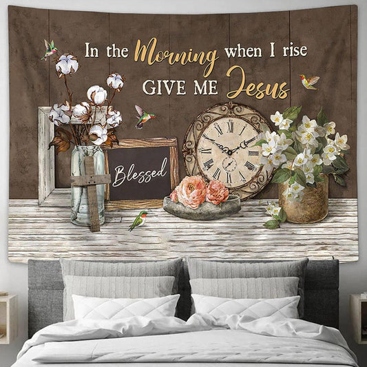 Clock Cotton Flower Jasmine In The Morning When I Rise Tapestry Wall Art - Bible Verse Tapestry - Religious Tapestry Wall Hanging