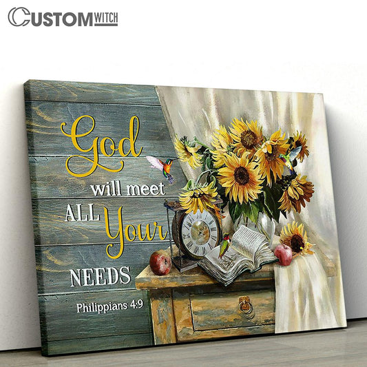 Clock Sunflower Vase God Will Meet All Your Needs Canvas Wall Art - Bible Verse Canvas - Religious Prints