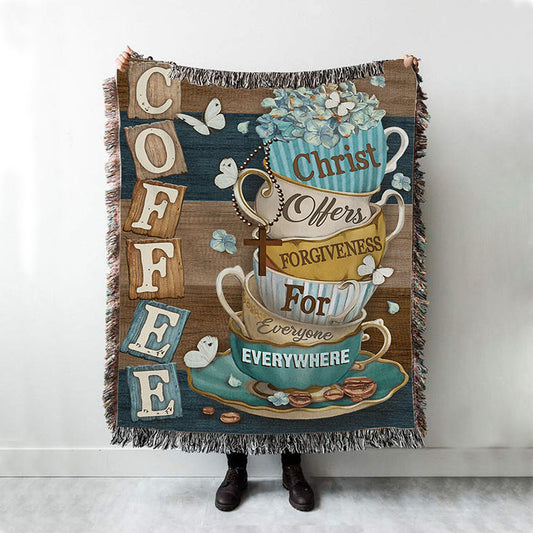 Coffee Christ Offers Forgiveness For Everyone Everywhere Coffee Cups Hummingbirds Woven Throw Blanket - Christian Throw Blanket Decor