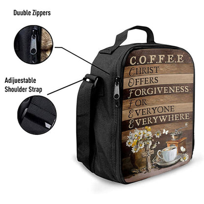 Coffee Cup Christ Offers Forgiveness For Everyone Everywhere Lunch Bag, Christian Lunch Bag For School, Picnic, Religious Lunch Bag