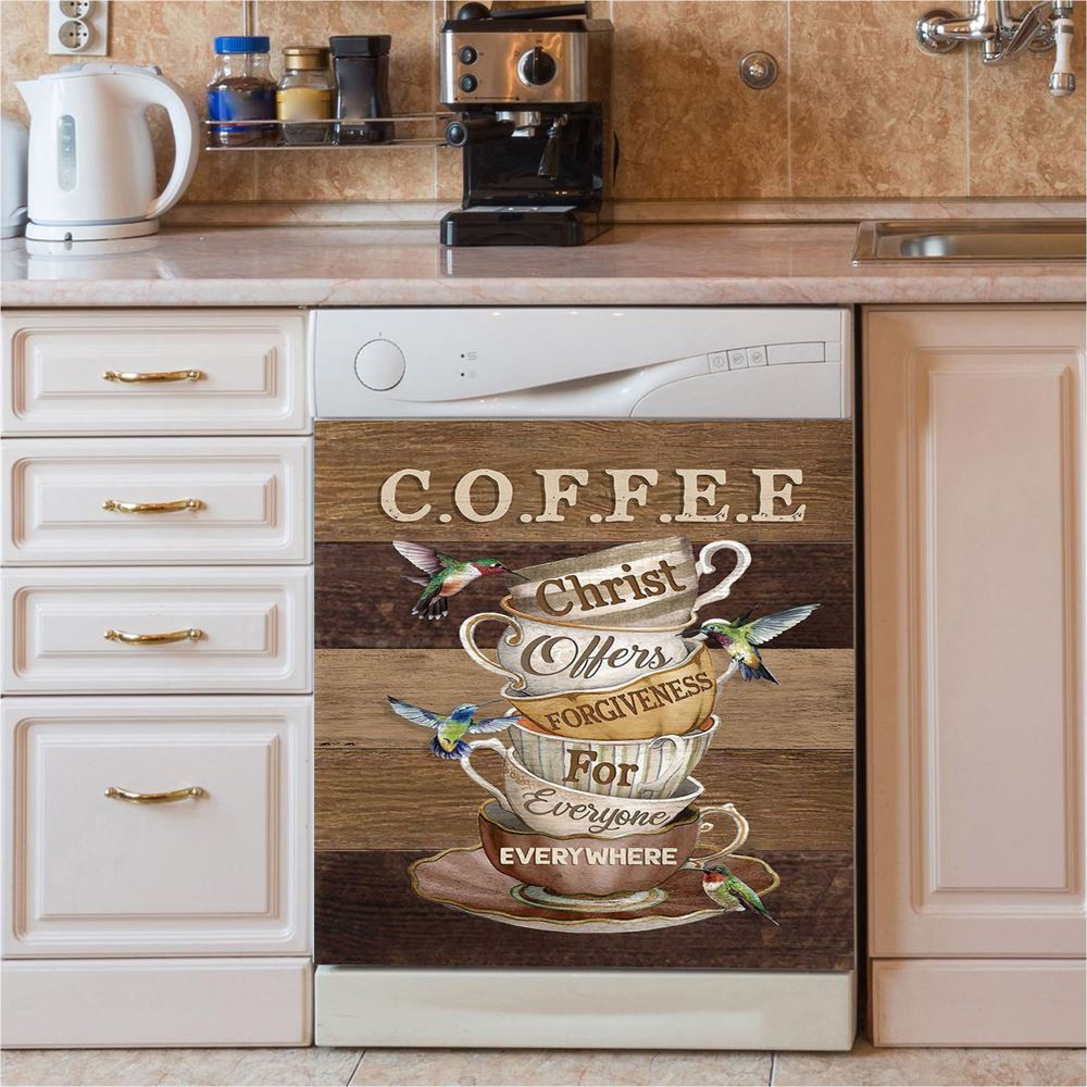 Coffee Cup Hummingbird Christ Offer Forgiven For Everyone Dishwasher Cover, Christian Dishwasher Magnet Cover, Bible Verse Kitchen Decor