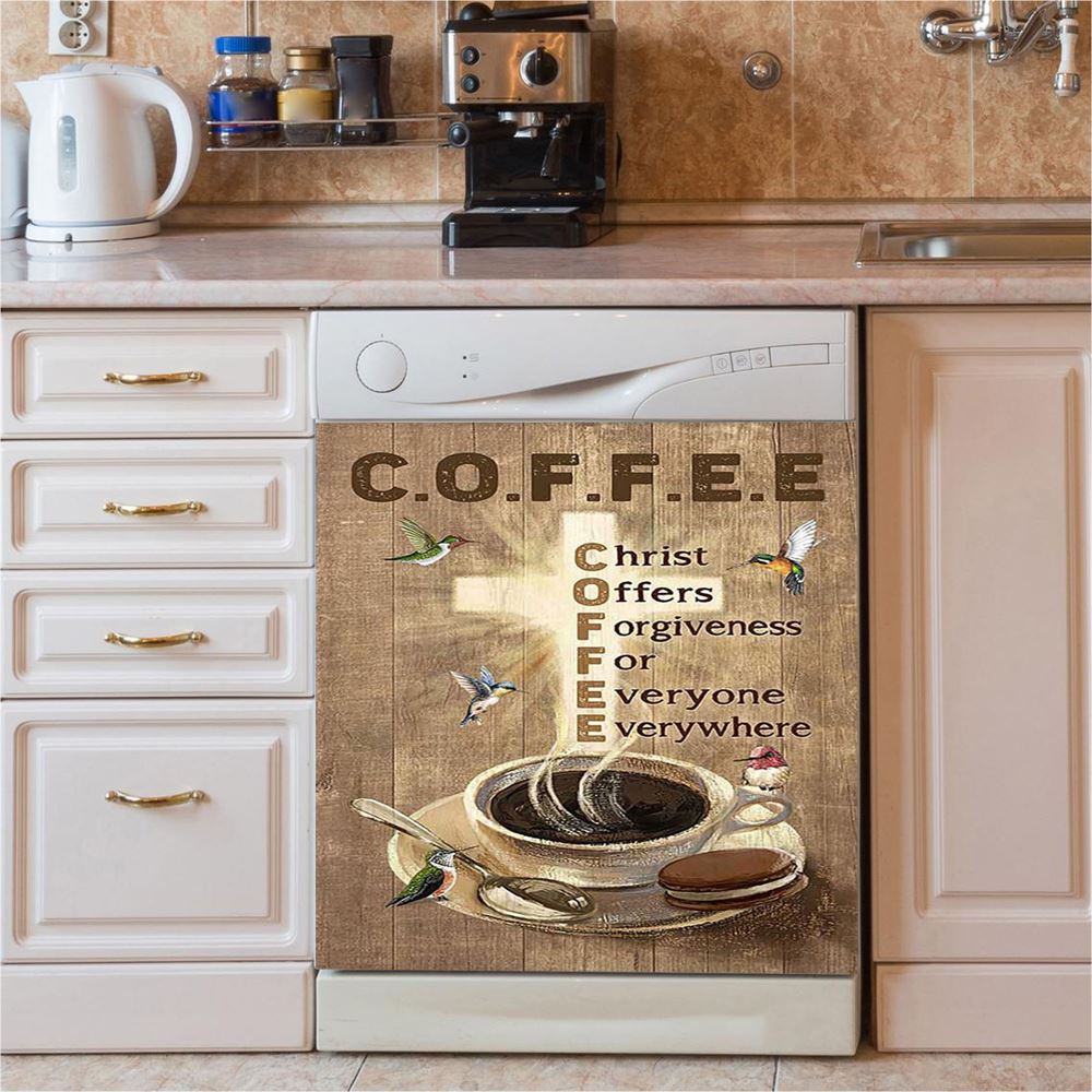 Coffee Cup Hummingbird Christ Offers Forgiveness Dishwasher Cover, Bible Verse Dishwasher Magnet Cover, Christian Inspirational Kitchen Decor