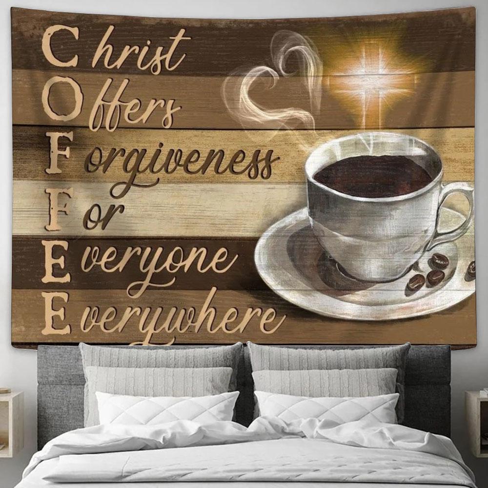 Coffee Cup, Light Cross, Christ Offers Forgiveness For Everyone Everywhere Tapestry, Tapestries for Living Room Bedroom